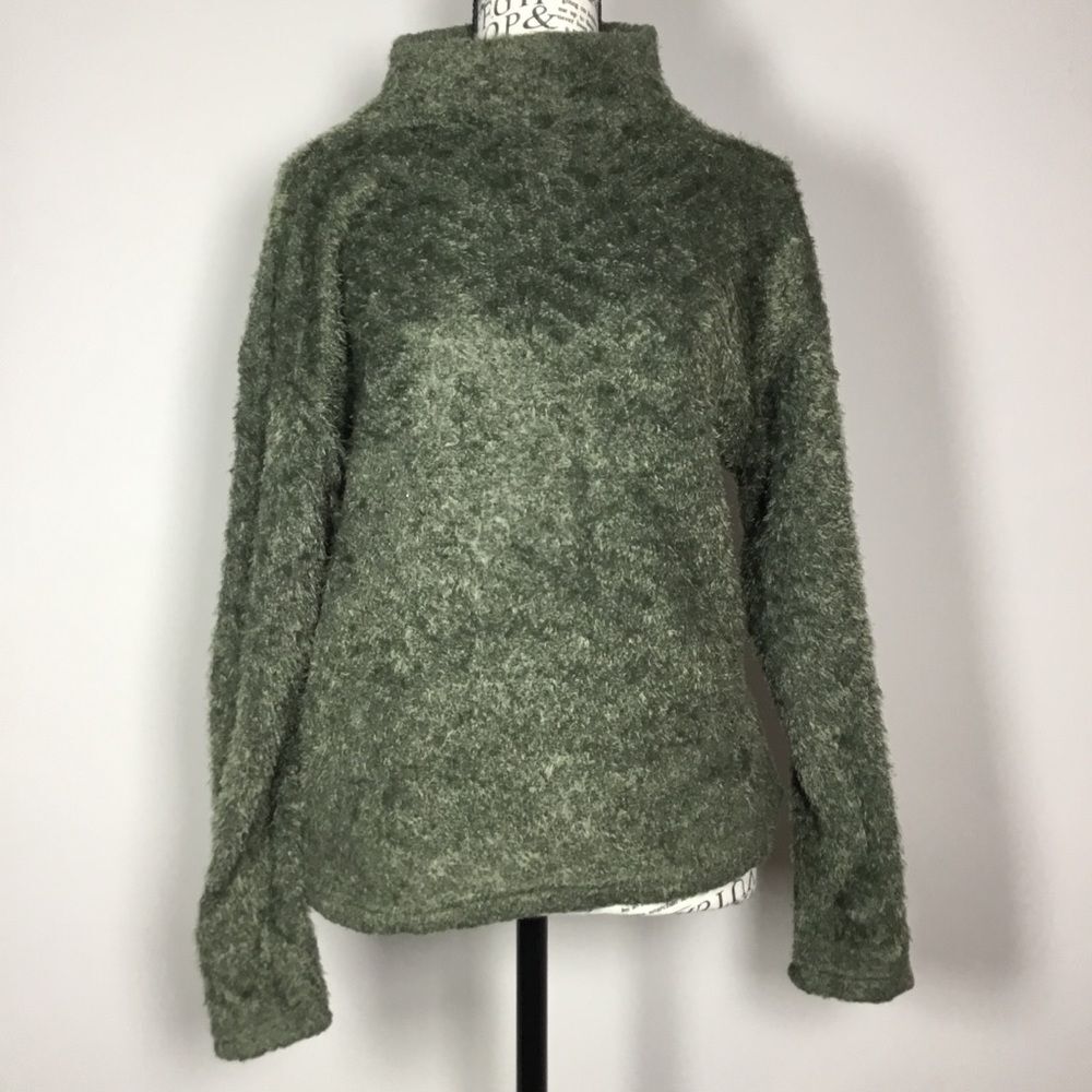 Mossy green fluffy turtleneck sweater lagenlook layering winter coat sz S